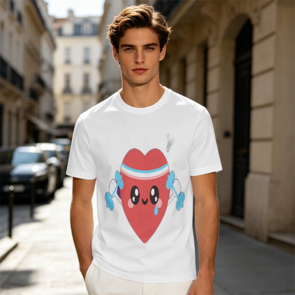 Olive T-Shirt With Cute Cartoon Heart Lifting Dumbbells Print
