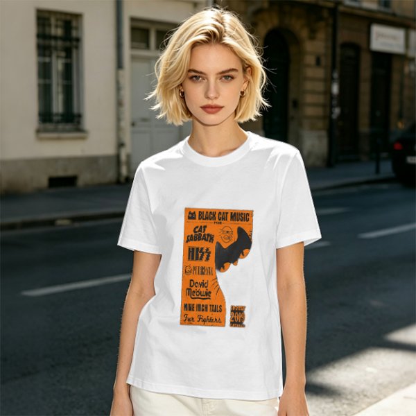 Olive T-Shirt with Cat-Themed Rock Band Concert Poster Print