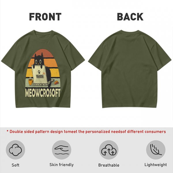 Olive t-shirt with black cat using laptop and Meowcrosoft text