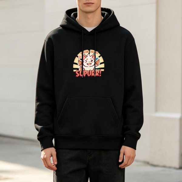 Black Hoodie With Cheering Cat 'You're Doing Supurr!' Graphic