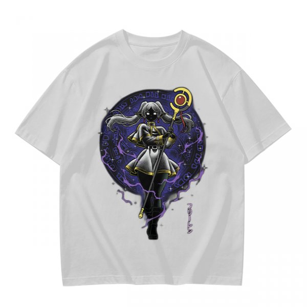 Olive T-shirt with dark anime elf mage holding staff and purple magic circle print