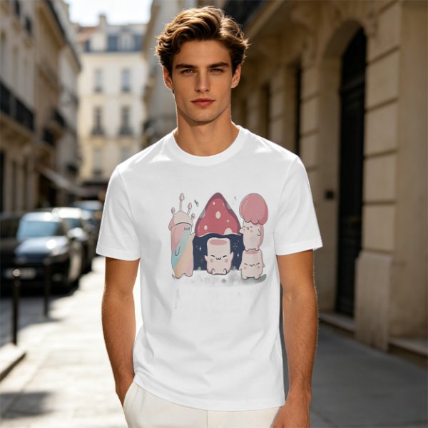 Olive Green T-Shirt With Cute Mushroom Creature Graphic