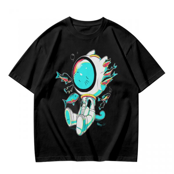 Olive T-Shirt with Astronaut Cat and Fish Graphic Print