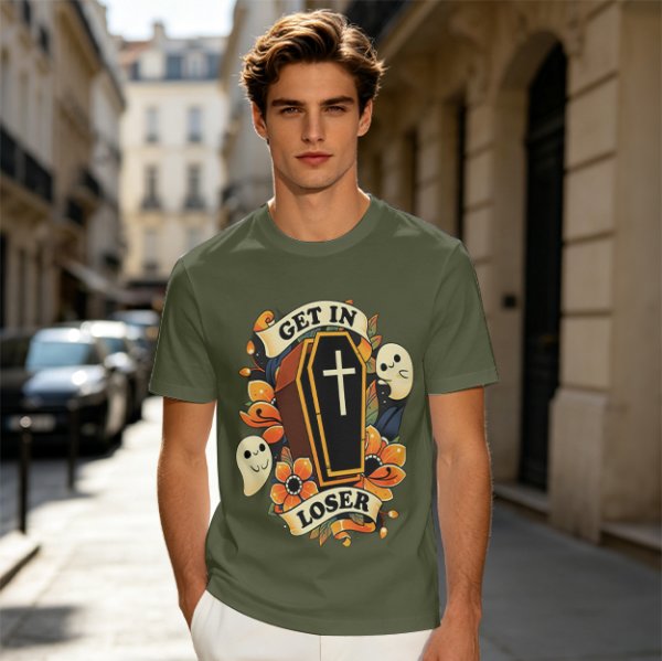 Olive Halloween T-Shirt with Get In Loser Coffin Ghost Floral Art