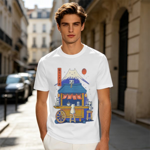 Olive t-shirt with cat ramen stall and Mount Fuji graphic