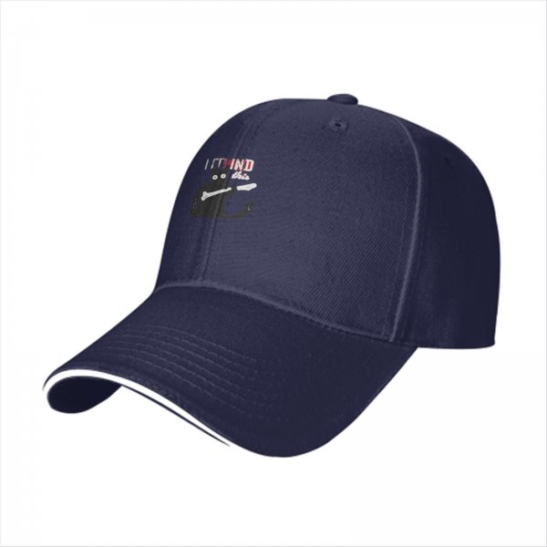 Black baseball cap with a cat holding a bone graphic and text