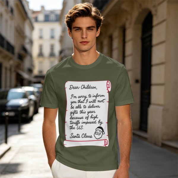 Christmas t-shirt with Santa's tariff excuse note print
