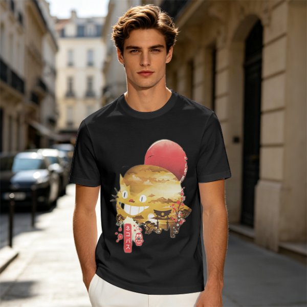 Olive t-shirt with Japanese cat bus and sun graphic