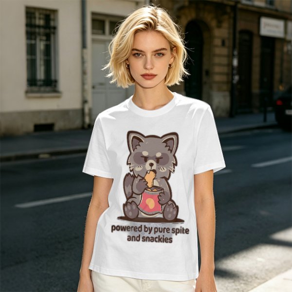 Olive t-shirt with a raccoon eating snacks and 'powered by pure spite and snackies' text