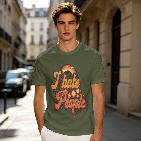 Olive Green Retro Graphic T-Shirt with "I Hate People" Print