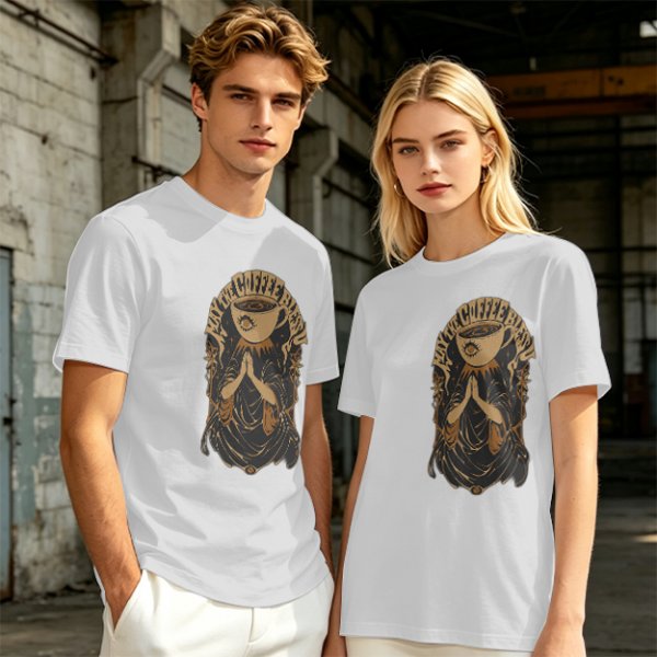 Olive green t-shirt with Pray the Coffee Brew graphic print
