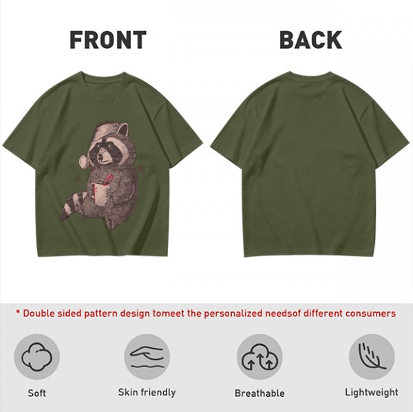 Olive T-Shirt With Raccoon In Santa Hat Holding Mug Print