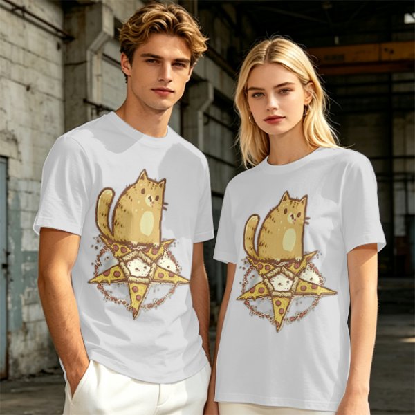 Olive T-Shirt With Cat Sitting On Pizza Pentagram Artwork