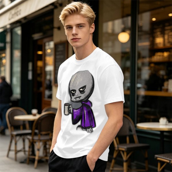 Olive T-Shirt With Grumpy Vampire Holding Coffee Mug Print