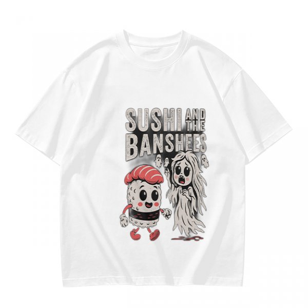 Olive t-shirt with sushi and banshee graphic print