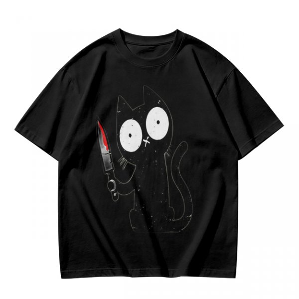Olive T-shirt with a black cartoon cat holding a bloodied knife