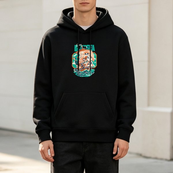 Black Hoodie With Pirate Ship Graphic For Sea Adventure Fans