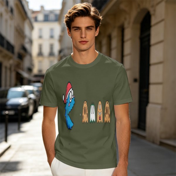 Olive T-Shirt With Blue Monster And Ghost Graphic Print