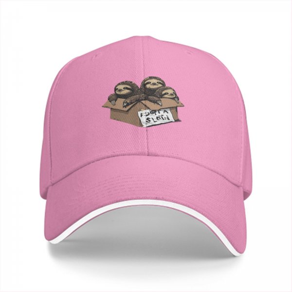 Black baseball cap with three sloths in a box that says adopt a sloth