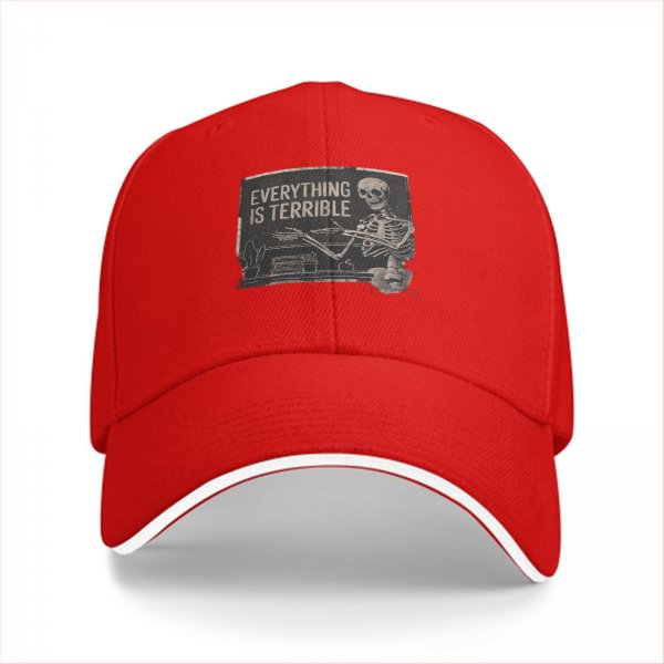 Black baseball cap with 'Everything is Terrible' skeleton graphic