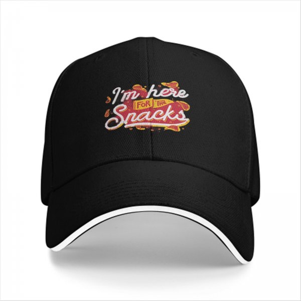 Black baseball cap with I'm here for the snacks graphic print