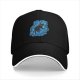 Black Baseball Cap With Playful Black Cat On Blue Abstract Background