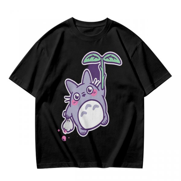 Olive T-Shirt With Cute Chibi Totoro Holding Leaf Print