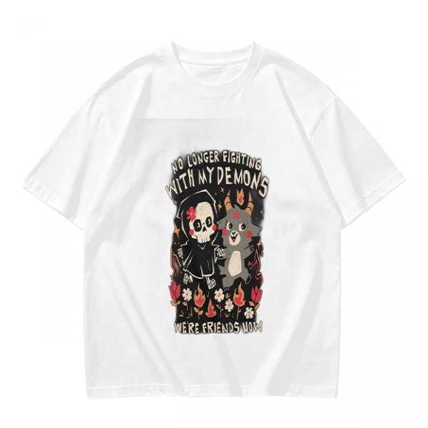 Olive graphic t-shirt with 'No longer fighting with my demons we're friends now' print