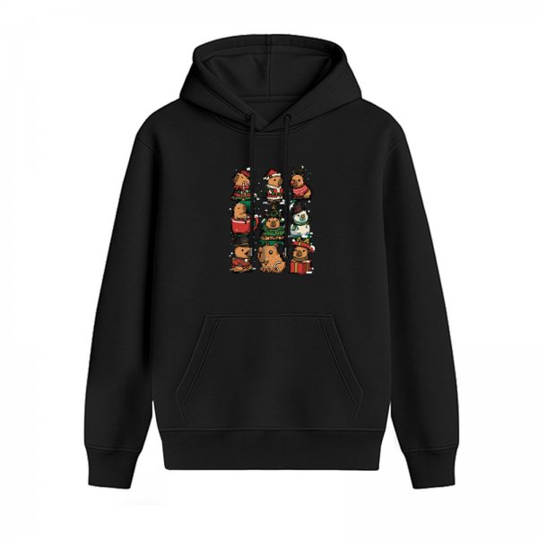 Black Hoodie With Cute Christmas Capybara Illustrations