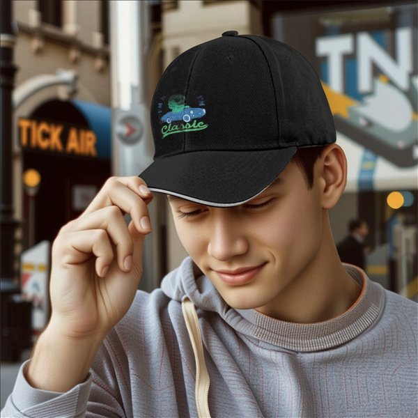Black baseball cap with classic car and green character graphic