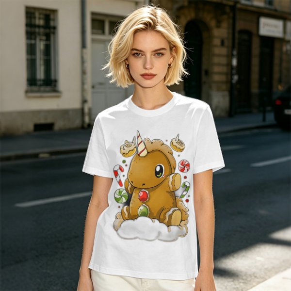 Olive T-Shirt With Cute Gingerbread Unicorn And Christmas Candy Print