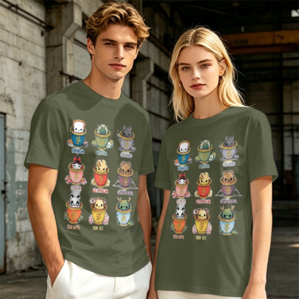 Olive T-Shirt With Cute Animal Teacup Character Print