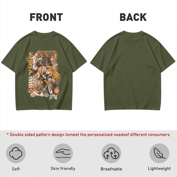 Olive green anime graphic t-shirt with monster and city scene