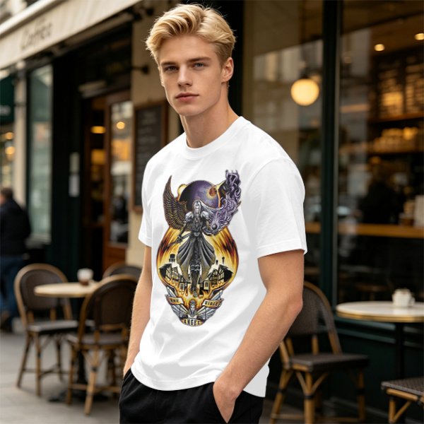 Olive T-shirt with dark fantasy winged warrior graphic print