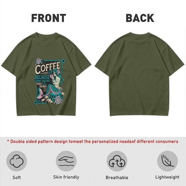 Olive t-shirt with mermaid coffee print 'Coffee Because Luring Sailors Takes Energy'