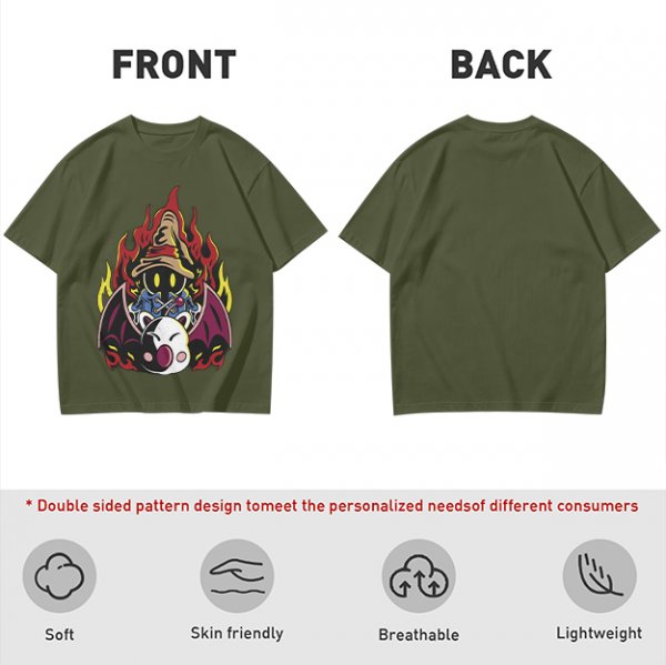 Olive T-shirt with Final Fantasy Vivi and Moogle Fire Artwork