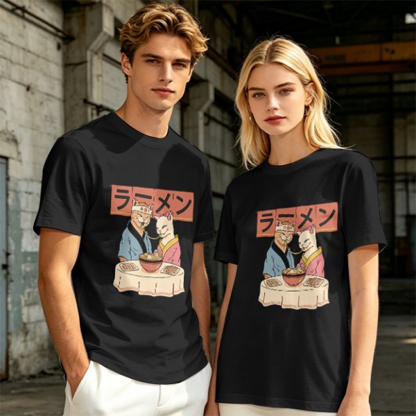 Olive T-Shirt With Cats Eating Ramen Japanese Art Print