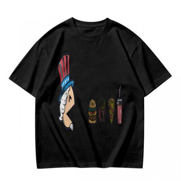 Olive T-Shirt With Uncle Sam Hat And Fast Food Graphic Print
