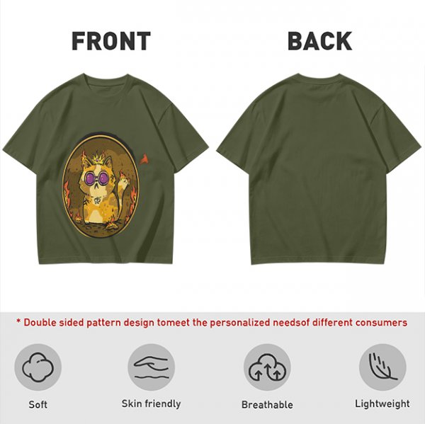 Olive T-Shirt With Flaming Royal Cat Portrait Print