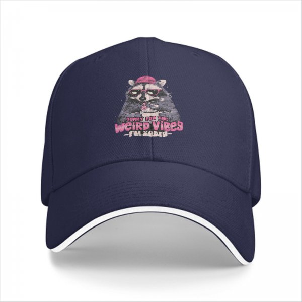 Black baseball cap with raccoon graphic and 'Sorry for the weird vibes I'm sober' text