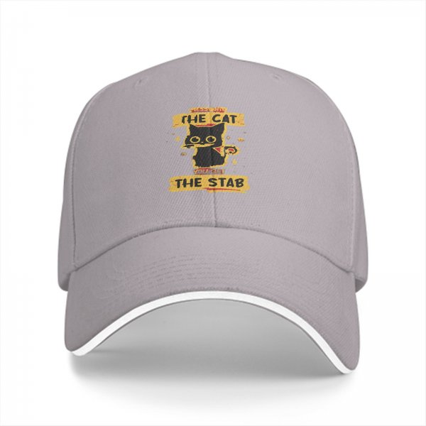 Black baseball cap with 'The Cat You Get The Stab' graphic print