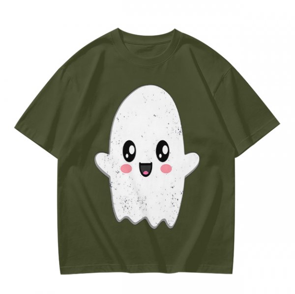 Olive T-shirt with Cute Kawaii Ghost Graphic Print