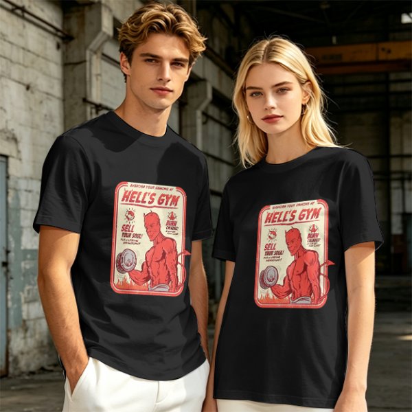 Olive T-shirt with Hell's Gym Devil Lifting Dumbbell Graphic