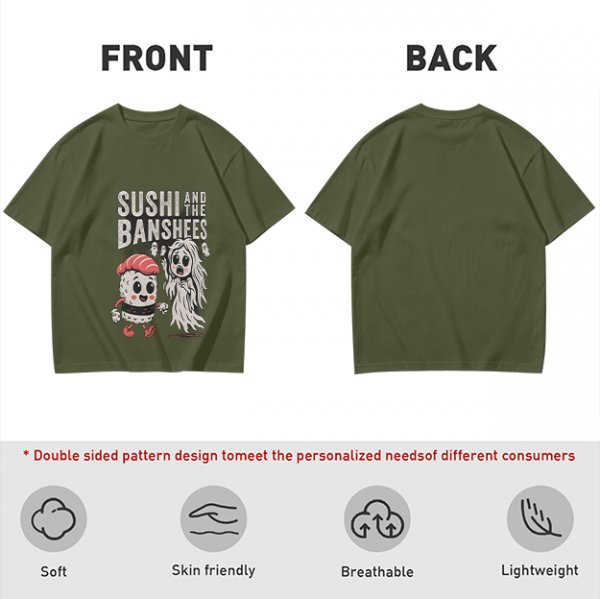 Olive t-shirt with sushi and banshee graphic print