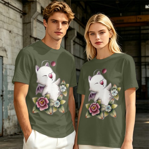 Olive T-Shirt Featuring Cute Fantasy Creature and Floral Art