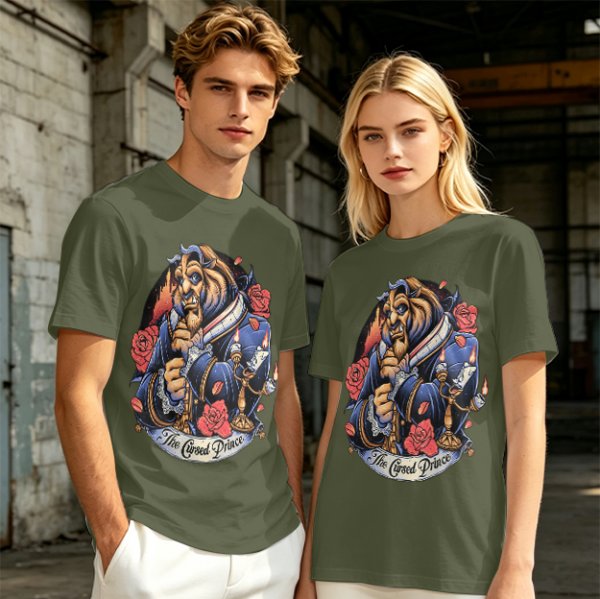 Olive T-shirt featuring The Cursed Prince Beast with roses and candelabra