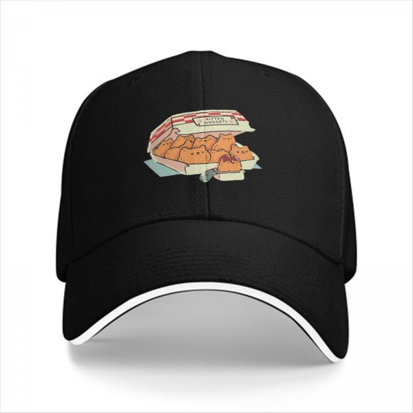 Black baseball cap with kitten nuggets takeout box graphic
