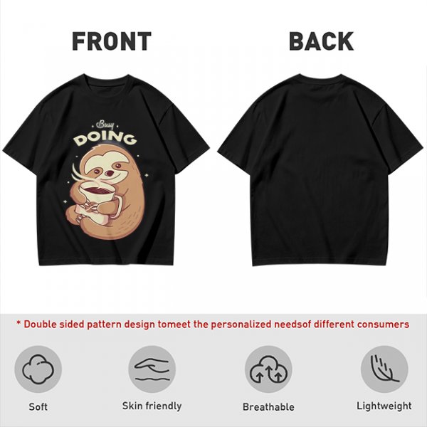 Olive green sloth t-shirt with 'Busy Doing' coffee graphic