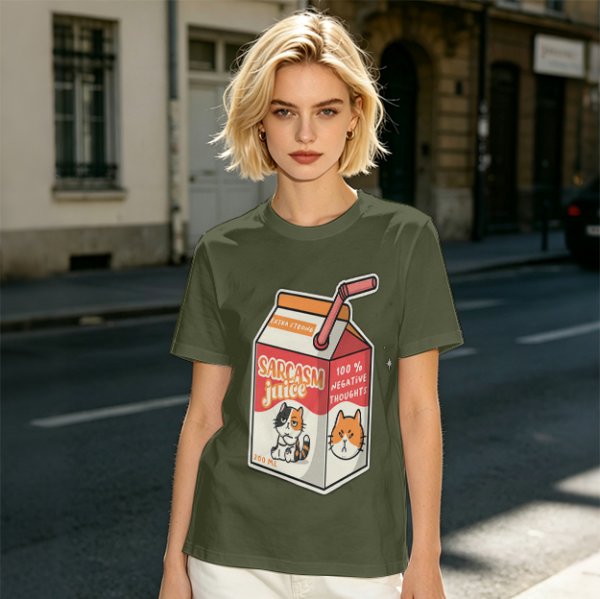 Olive green t-shirt with sarcasm juice carton and grumpy cat print