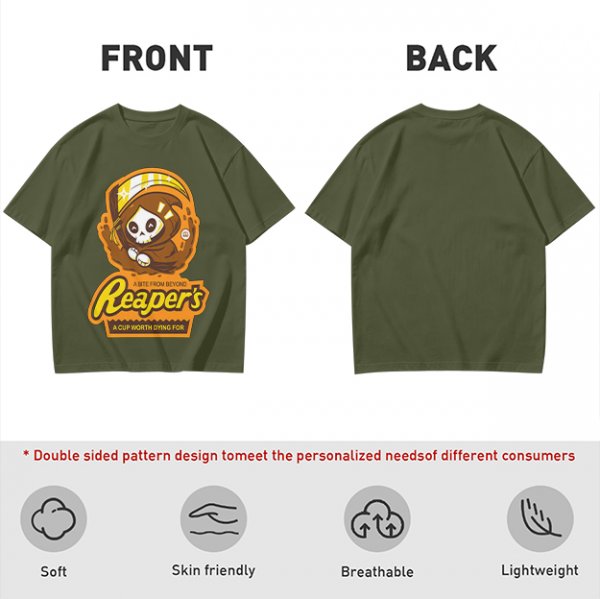 Olive green graphic t-shirt with cute reaper coffee themed print